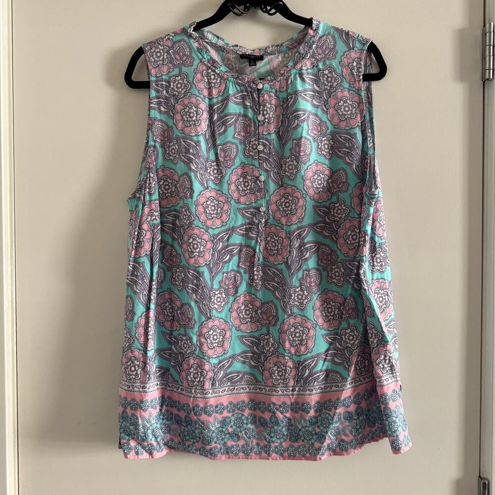 Talbots Floral Top Blue Crew Neck Ruffled Front Button Slit Sleeveless Sz 1X